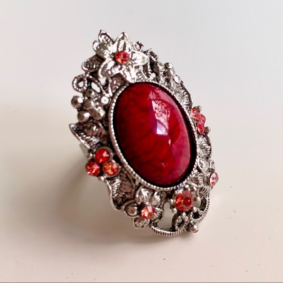 Red Gothic Renaissance Statement Ring Adjustable Baroque Whimsigoth Regency - Picture 1 of 2